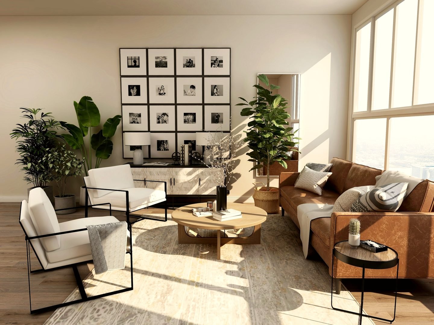 A warm, daylit living room in a HomeLuxe residence
